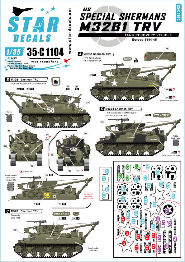 Star Decals 35-C1104 US Special Shermans - M32B1 TRV 1/35