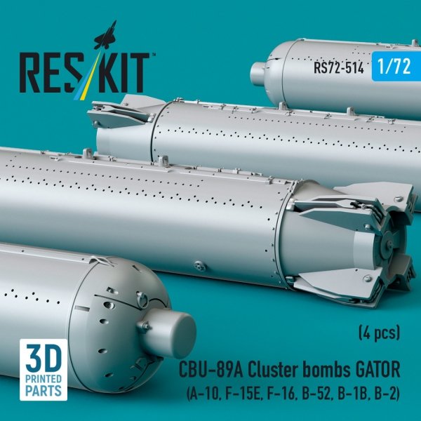 RESKIT RS72-0514 CBU-89A cluster bombs GATOR (4 pcs) (3D Printed) 1/72