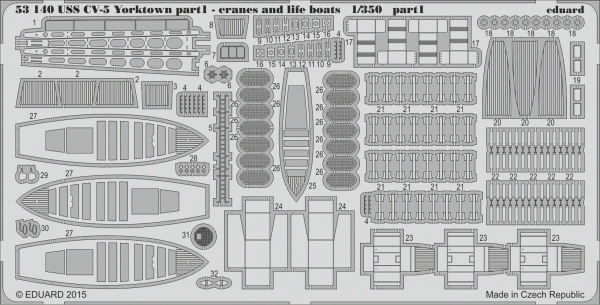 Eduard 53140 USS CV-5 Yorktown part 1 cranes &amp; life boats MERIT 1/350