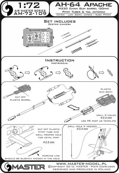 Master AM-72-109 AH-64 Apache - M230 Chain Gun barrel (30mm), Pitot tubes and tail antenna (resin, PE and turned parts) 1:72