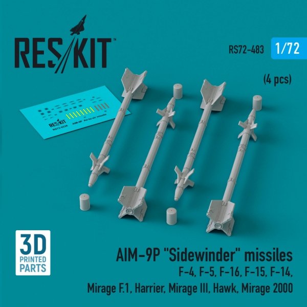 RESKIT RS72-0483 AIM-9P &quot;Sidewinder&quot; missiles (4 pcs) (3D Printed) 1/72