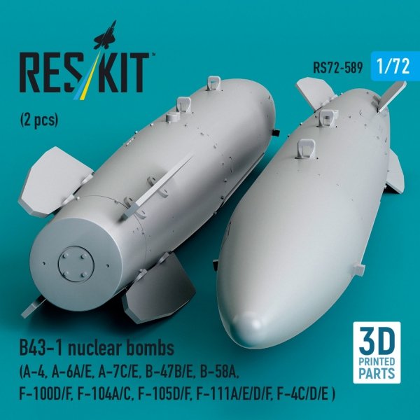 RESKIT RS72-0589 B43-1 nuclear bombs (2 pcs) (A-4, A-6A/E, A-7C/E, B-47B/E, B-58A, F-100D/F, F-104A/C, F-105D/F, F-111A/E/D/F, F-4C/D/E ) (3D Printed) (1/72)