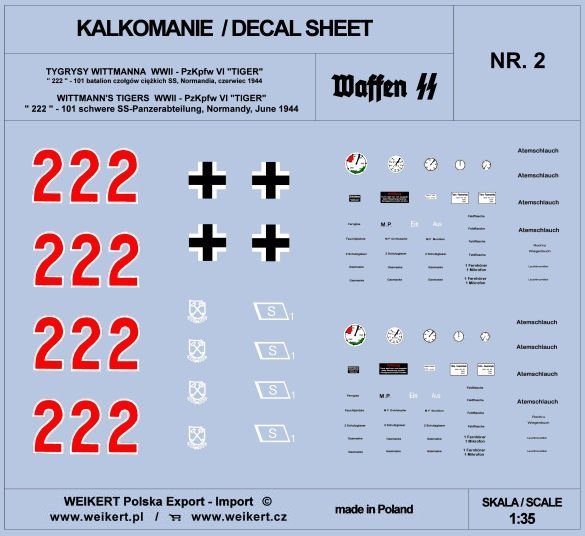 Weikert Decals DEC202 TIGER I - czołg 222 - 101 batalion czołgów ciężkich SS, Normandia, czerwiec 1944 - vol.2 1/35