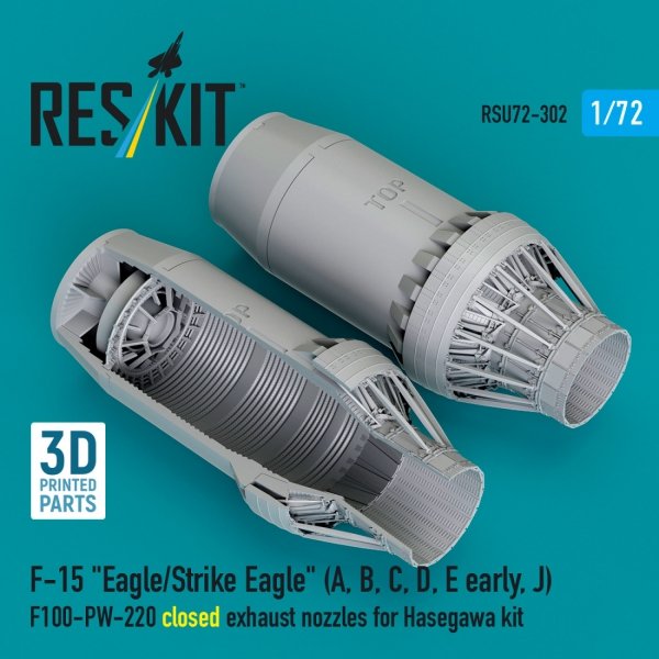 RESKIT RSU72-0302 F‑15 "Eagle/Strike Eagle" (A, B, C, D, E early, J) F100-PW-220 closed exhaust nozzles for Hasegawa kit (3D Printed) (1/72)