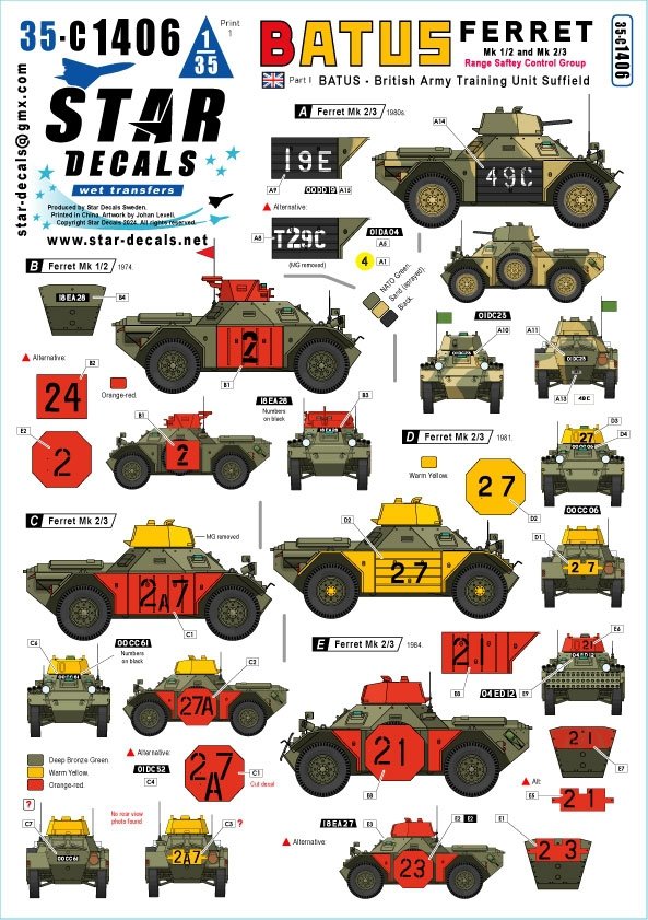 Star Decals 35-C1406 BATUS # 1. British Army Training Unit Suffield in Canada. Ferret Mk 1/2 and Mk 2/3. Range Safety Control Group 1/35