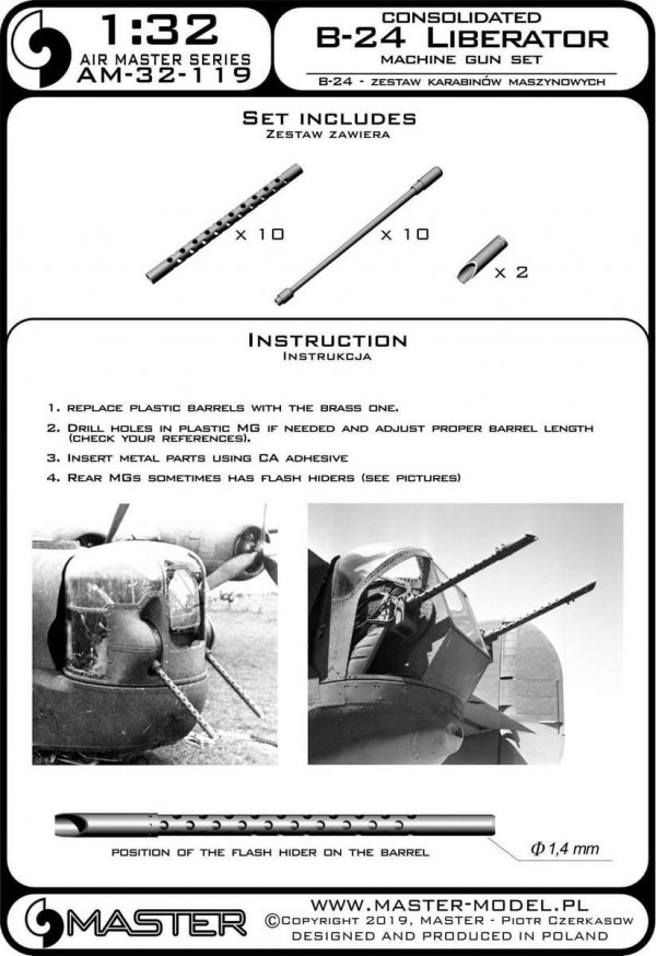 Master AM-32-119 B-24 Liberator - zestaw km-ów Browning M2 aircraft .50 caliber (12,7mm)  z tłumikami płomieni (10 szt.) (do modelu Hobby Boss) 1/32