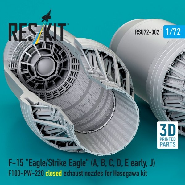RESKIT RSU72-0302 F‑15 "Eagle/Strike Eagle" (A, B, C, D, E early, J) F100-PW-220 closed exhaust nozzles for Hasegawa kit (3D Printed) (1/72)