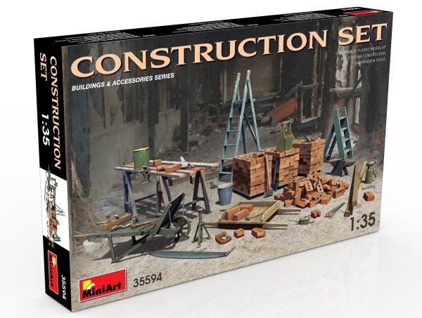 MiniArt 35594 Construction Set Kit: Ladders, Table, Buckets, Bricks, Cart, Anvil, Beams, Jack Stand &amp; Tools 1/35