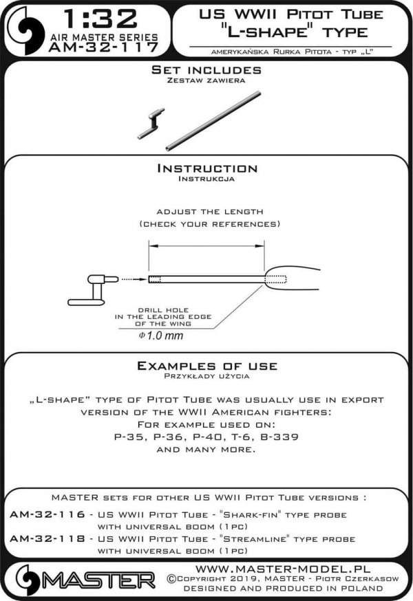 Master AM-32-117 Amerykańska Rurka Pitota z okresu II w.św. - typ &quot;L&quot; (1szt.) - używana głównie na eksportowych wersjach amerykańskich samolotów - P-35, P-36, P-40, T-6, B-339 i innych 1/32
