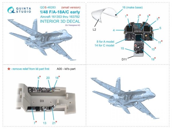 Quinta Studio QDS-48283 F/A-18A / C early 3D-Printed &amp; coloured Interior on decal paper (Hasegawa) (Small version) 1/48