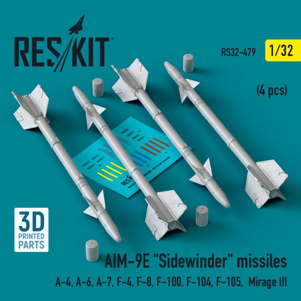 RESKIT RS32-0479 AIM-9E &quot;Sidewinder&quot; missiles (4 pcs) (3D Printed) 1/32