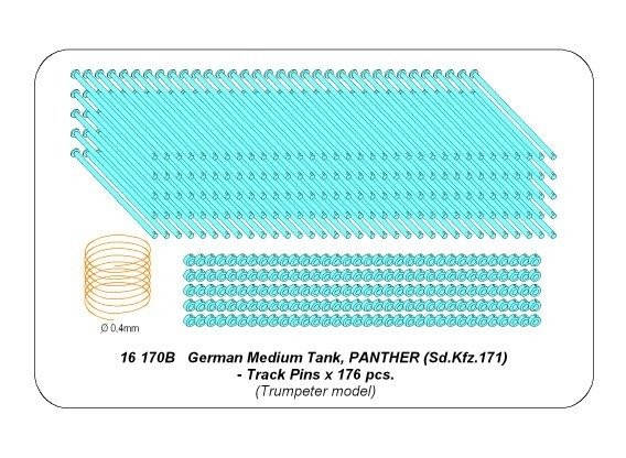 Aber 16170B Set of pins for Panther tank tracks x176 pcs / Zestaw sworzni do gąsienic czołgu Panther x176 szt  1/16
