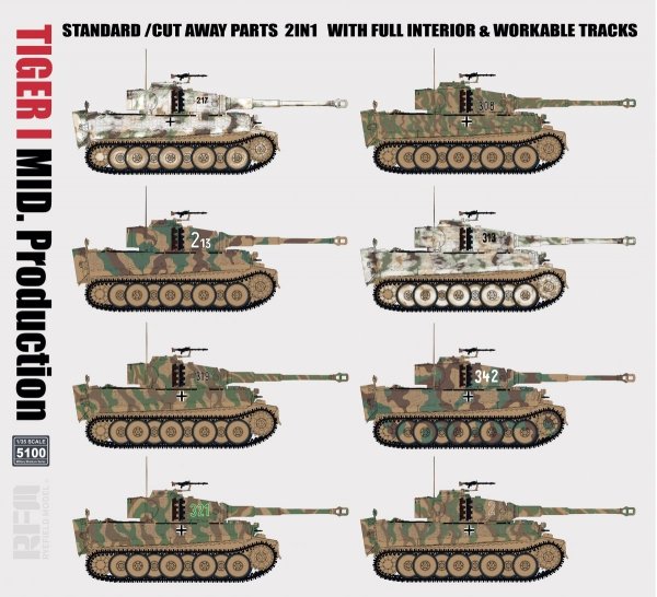 Rye Field Model 5100 TIGER I MID.Production STANDARD/CUT AWAY PARTS 2 IN 1 WITH FULL INTERIOR&amp;WORKABLE TRACKS 1/35