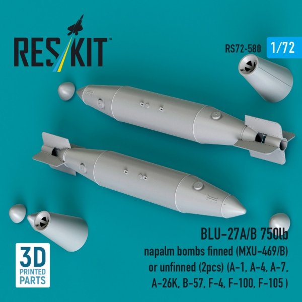 RESKIT RS72-0580 BLU-27A/B 750lb napalm bombs finned (MXU-469/B) or unfinned (2pcs) (A-1, A-4, A-7, A-26K, B-57, F-4, F-100, F-105 ) (3D Printed) (1/72)