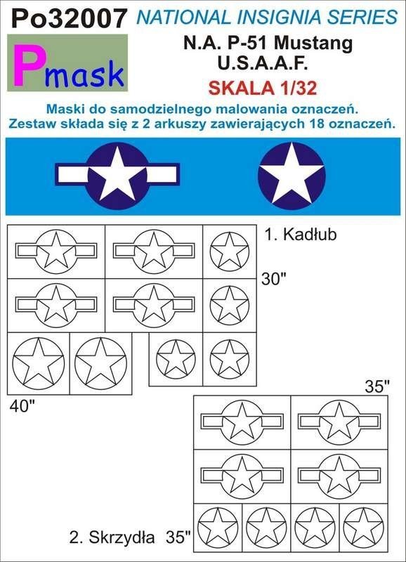 P-Mask PO32007 MASKI DO MALOWANIA OZNACZEŃ N.A. P-51 MUSTANG USAAF (1:32)