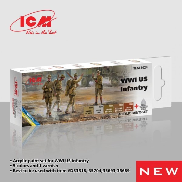 ICM 3024 Acrylic paint set for WWI US infantry 5x12ml + Satin Varnish