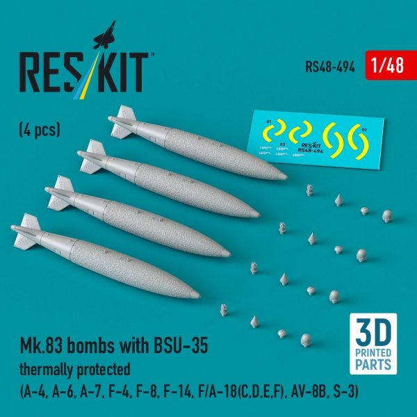 RESKIT RS48-0494 Mk.83 bombs with BSU-35 thermally protected (4 pcs) (3D printed) 1/48