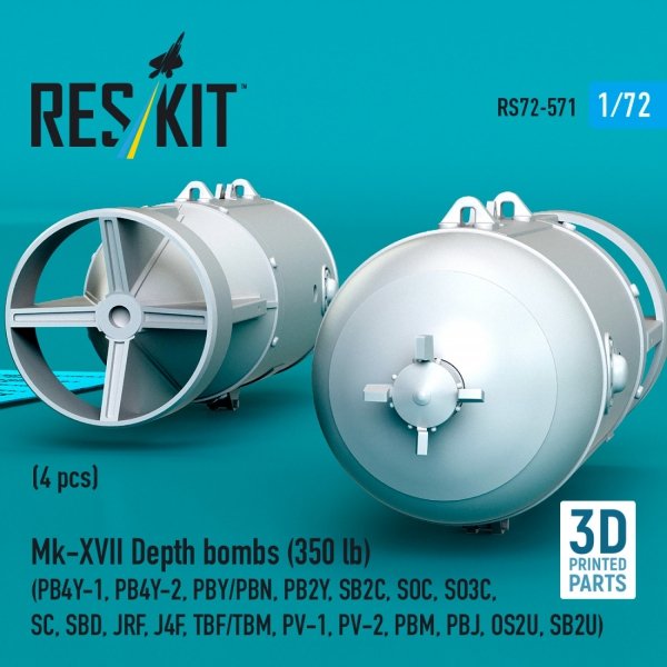 RESKIT RS72-0571 Mk-XVII Depth bombs (350 lb) (4 pcs) (PB4Y-1, PB4Y-2, PBY/PBN, PB2Y, SB2C, SOC, SO3C, SC, SBD, JRF, J4F, TBF/TBM, PV-1, PV-2, PBM, PBJ, OS2U, SB2U) (3D Printed) (1/72)
