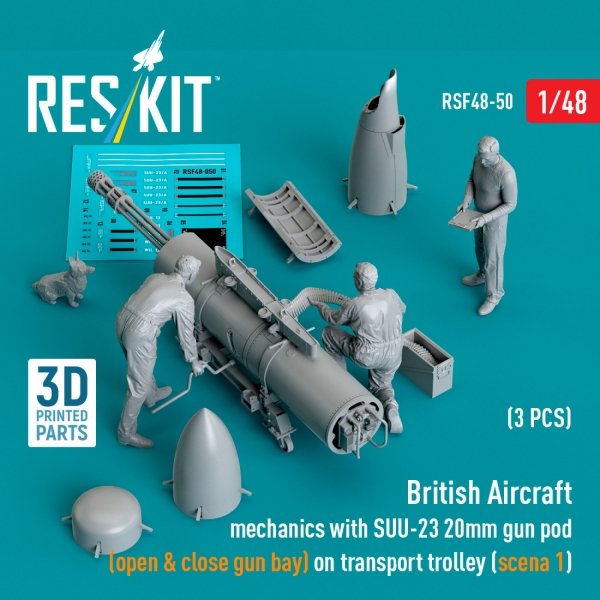 RESKIT RSF48-0050 British Aircraft mechanics with SUU-23 20mm gun pod  (open &amp; close gun bay) on on transport trolley (scene 1) (3 pcs) (3D Printed) (1/48)