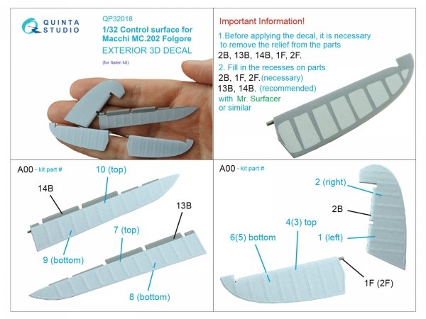 Quinta Studio QP32018 Control surface for Macchi Mc.202 Folgore (Italeri) 1/32