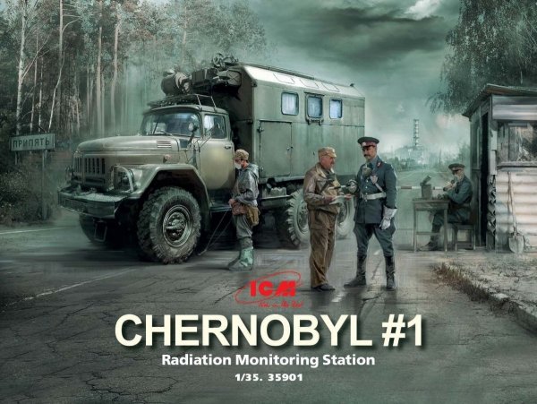 ICM 35901 Chernobyl #1 Radiation monitoring station (ZiL-131KShM truck &amp; 5 figures &amp; diorama base with background) 1/35