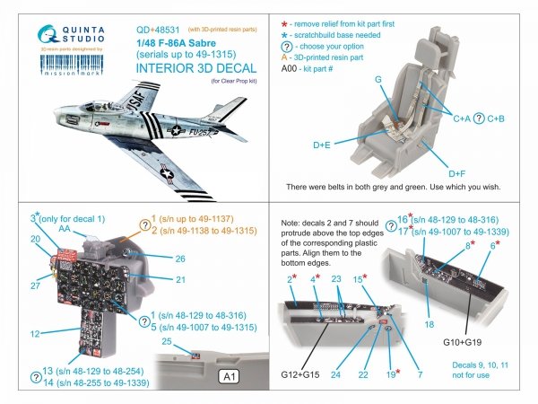 Quinta Studio QD+48531 F-86A Sabre 3D-Printed &amp; coloured Interior on decal paper (Clear Prop) (with 3D-printed resin parts) 1/48
