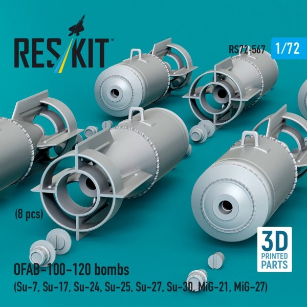 RESKIT RS72-0567 OFAB-100-120 bombs (8 pcs) (Su-7, Su-17, Su-24, Su-25, Su-27, Su-30, MiG-21, MiG-27) (3D Printed) (1/72)