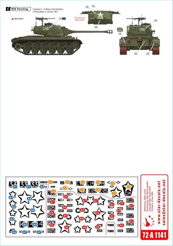 Star Decals 72-A1141 Korean War 1950-53 # 2. USMC Tanks. Pershing. 1/72