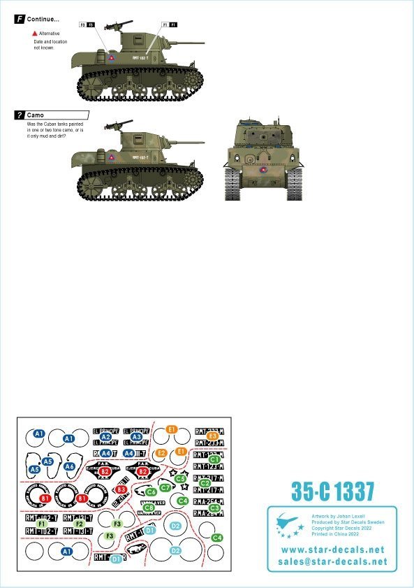 Star Decals 35-C1337 Tanks &amp; AFVs in Cuba # 1. M4A3E8 Sherman, A34 Comet, Staghound, Greyhound, M3A1 Scout Car, M3A1 Stuart.1/35