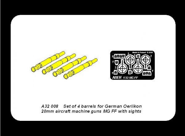 Aber A32008 Set of 4 barrels for German Oerlikon 20mm aircraft machine guns MG FF with sights (1:32)