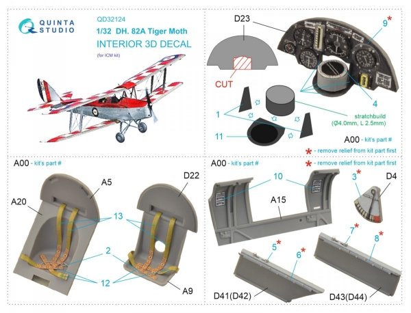 Quinta Studio QD32124 DH 82A Tiger Moth 3D-Printed &amp; coloured Interior on decal paper (ICM) 1/32