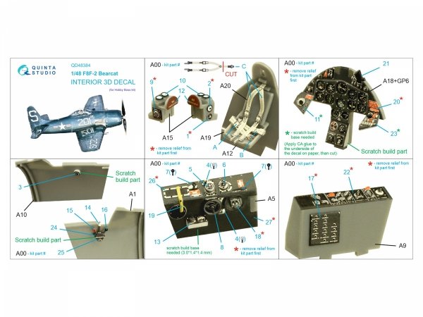 Quinta Studio QD48384 F8F-2 Bearcat 3D-Printed &amp; coloured Interior on decal paper (Hobby Boss) 1/48