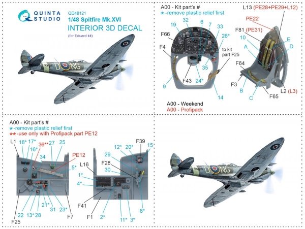 Quinta Studio QD48121 Spitfire Mk.XVI 3D-Printed &amp; coloured Interior on decal paper (Eduard) 1/48