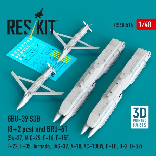 RESKIT RS48-0516 GBU-39 SDB (8 pcs) and BRU-61 (2 pcs) (Su-27, MiG-29, F-16, F-15E, F-22, F-35, Tornado, JAS-39, A-10, AC-130W, B-1B, B-2, B-52) (3D Printed) (1/48)