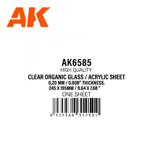 AK Interactive AK6585 0,20 MM // 0.008” THICKNESS – 245 X 195MM // 9.64 X 7.68” – CLEAR ORGANIC GLASS / ACRYLIC SHEET