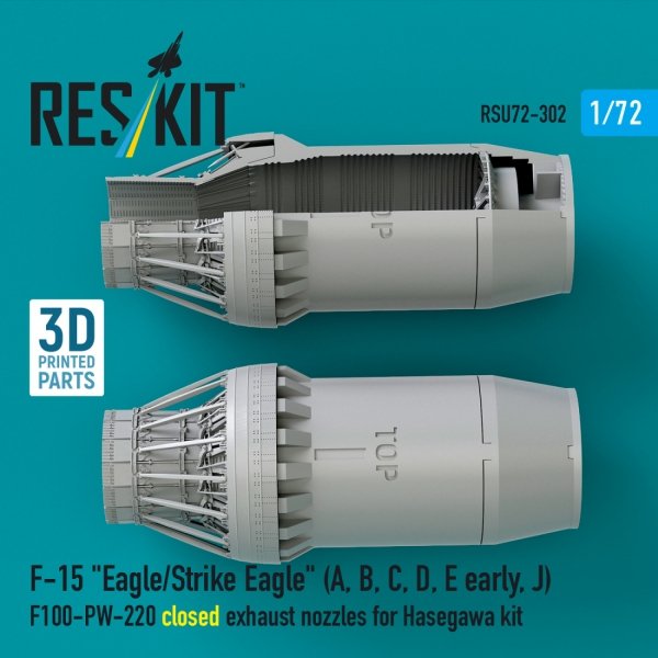RESKIT RSU72-0302 F‑15 "Eagle/Strike Eagle" (A, B, C, D, E early, J) F100-PW-220 closed exhaust nozzles for Hasegawa kit (3D Printed) (1/72)