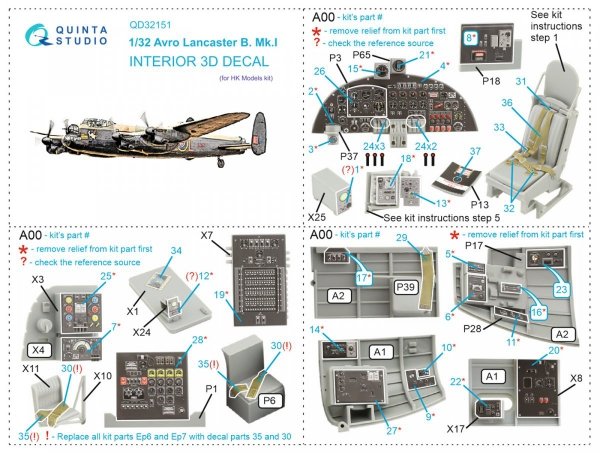 Quinta Studio QD32151 Avro Lancaster B. Mk.I 3D-Printed &amp; coloured Interior on decal paper (HK Model) 1/32
