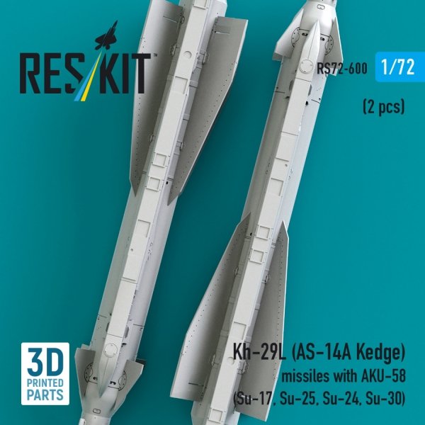 RESKIT RS72-0600 Kh-29L (AS-14A Kedge) missiles with AKU-58 (2 pcs) (Su-17, Su-25,Su-24, Su-30) (3D Printed) (1/72)