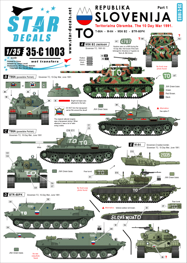 Star Decals 35-C1003 TO (Teritorialna Obramba). M36B2 Jackson. T-55A (polish), T-55A (russian), M-84, BTR-50PK 1/35