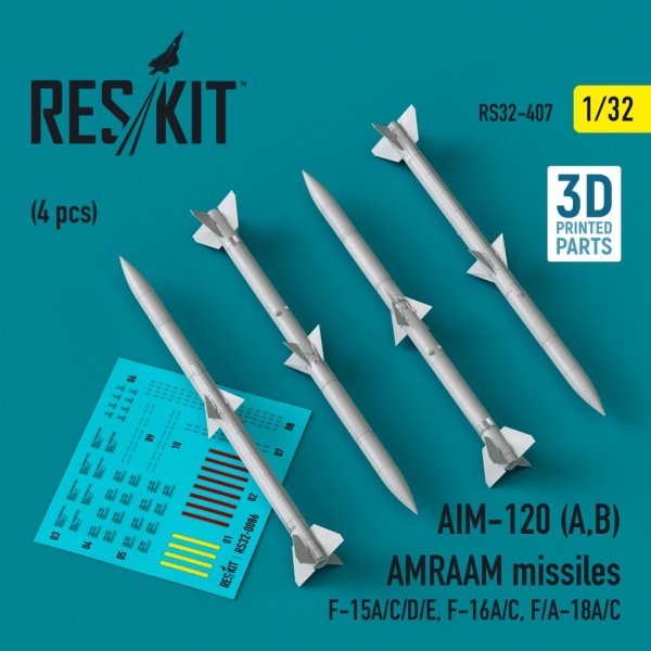 RESKIT RS32-0407 AIM-120 (A,B) AMRAAM missiles (4 pcs) (3D Printed) 1/32