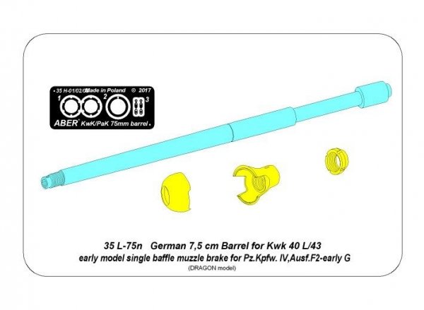 Aber 35L-075N Lufa 75mm KwK40L/43 z hamulcem wylotowym do niemieckich czołgów Panzer IV Ausf. F2-wczesny G 1/35