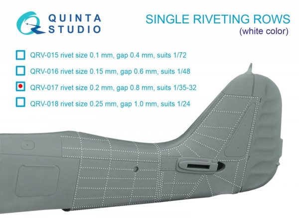 Quinta Studio QRV-017 Single riveting rows (rivet size 0.20 mm, gap 0.8 mm, suits 1/32 scale), White color, total length 5,8 m/19 ft