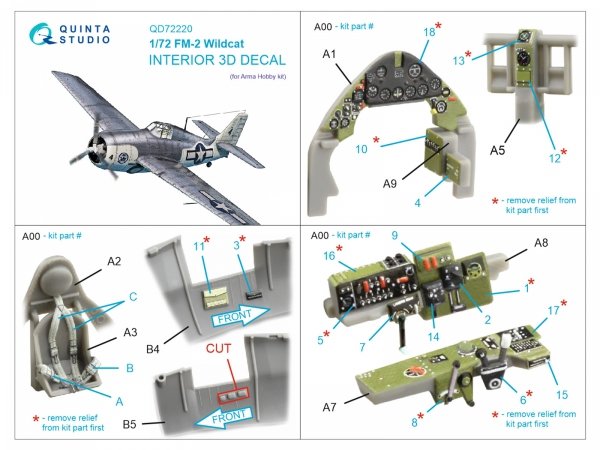Quinta Studio QD72220 FM-2 Wildcat 3D-Printed &amp; coloured Interior on decal paper (Arma Hobby) 1/72