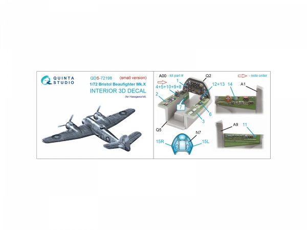 Quinta Studio QDS-72198 Bristol Beaufighter Mk.X 3D-Printed &amp; coloured Interior on decal paper (Hasegawa) (small version) 1/72