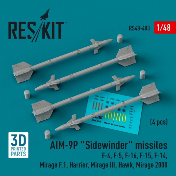 RESKIT RS48-0483 AIM-9P &quot;Sidewinder&quot; missiles (4 pcs) (3D Printed) 1/48