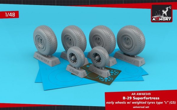 Armory Models AW48349 B-29 Superfortress early production wheels w/ weighted tyres type “c” (GS) &amp; PE hubcaps 1/48