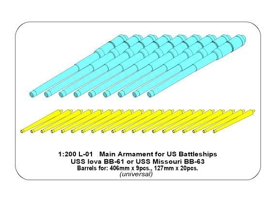 Aber 200L-01 Main Armament for US battleship Iova or Missouri 406mm x9, 127mm x20 1/200