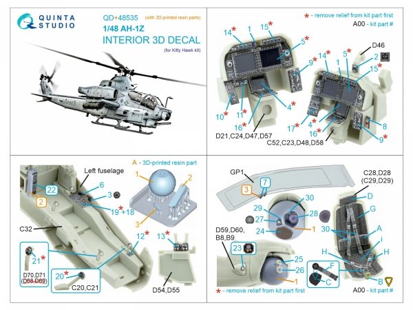Quinta Studio QD+48535 AH-1Z Zulu Cobra/Viper 3D-Printed &amp; coloured Interior on decal paper (KittyHawk) (with 3D-printed resin parts) 1/48