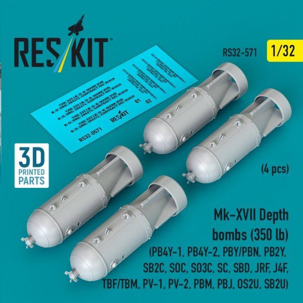 RESKIT RS32-0571 Mk-XVII Depth bombs (350 lb) (4 pcs) (PB4Y-1, PB4Y-2, PBY/PBN, PB2Y, SB2C, SOC, SO3C, SC, SBD, JRF, J4F, TBF/TBM, PV-1, PV-2, PBM, PBJ, OS2U, SB2U) (3D Printed) (1/32)