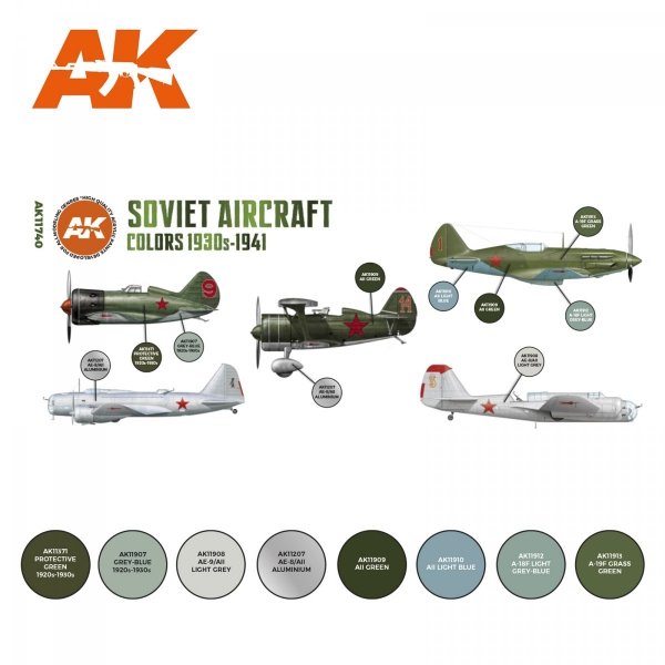 AK Interactive AK11740 SOVIET AIRCRAFT COLORS 1930S-1941 8x17 ml